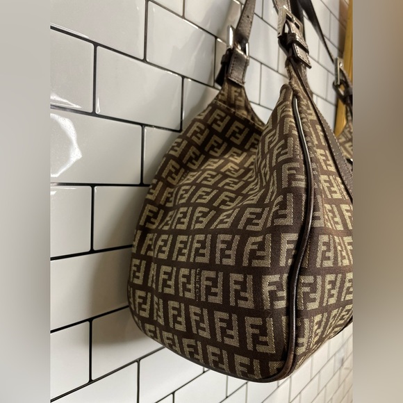 Vintage Fendi Brown Zucchino Canvas and Leather Borsa Piccola Satchel - Picture 13 of 16